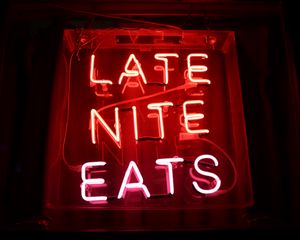 Preview wallpaper inscription, neon, lights, letters, text, late, nite, eats