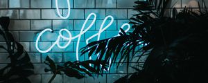 Preview wallpaper inscription, neon, wall, lights, leaves, plants