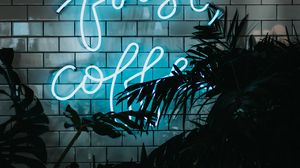 Preview wallpaper inscription, neon, wall, lights, leaves, plants