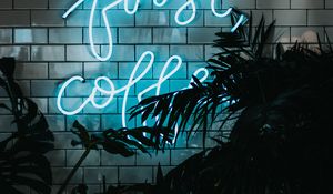 Preview wallpaper inscription, neon, wall, lights, leaves, plants