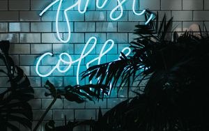 Preview wallpaper inscription, neon, wall, lights, leaves, plants