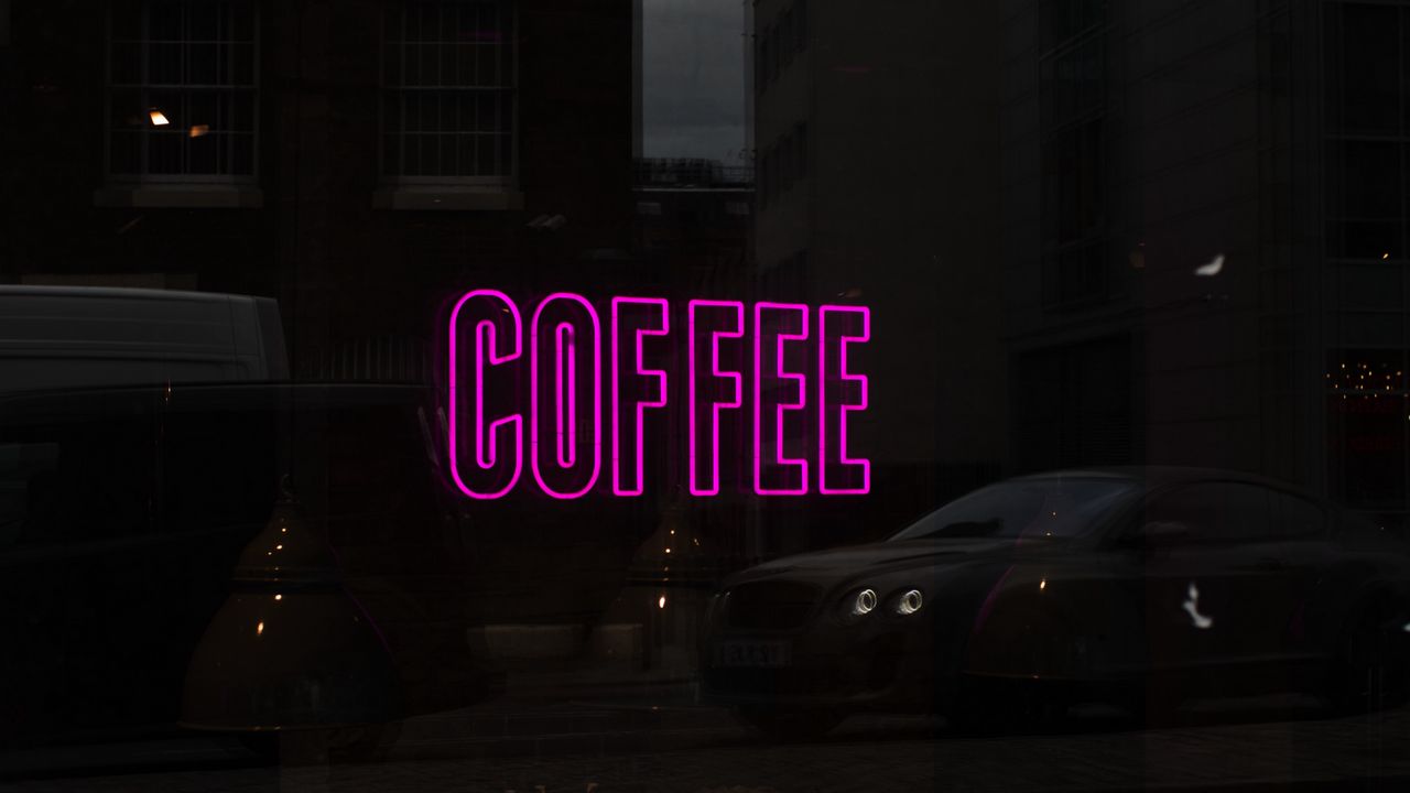 Wallpaper inscription, sign, neon, showcase, glass, reflection, coffee