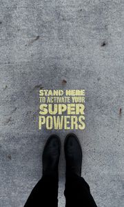 Preview wallpaper inscription, superpower, text, asphalt, feet