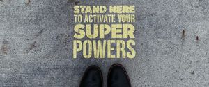 Preview wallpaper inscription, superpower, text, asphalt, feet