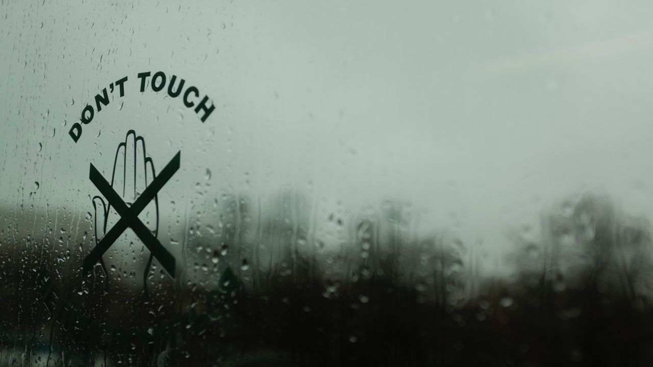 Wallpaper inscription, touch, glass, drops, moisture, rain