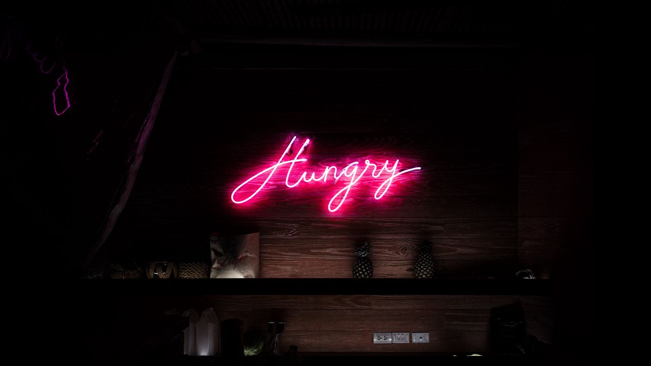 Wallpaper inscription, words, neon, hungry