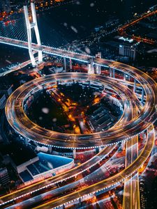 Preview wallpaper interchange, road, night city, aerial view, city lights, roads