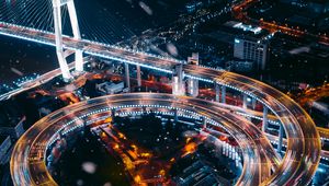 Preview wallpaper interchange, road, night city, aerial view, city lights, roads