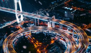 Preview wallpaper interchange, road, night city, aerial view, city lights, roads