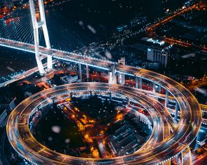 Preview wallpaper interchange, road, night city, aerial view, city lights, roads