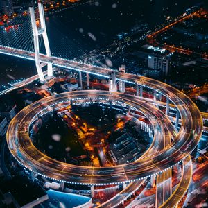 Preview wallpaper interchange, road, night city, aerial view, city lights, roads