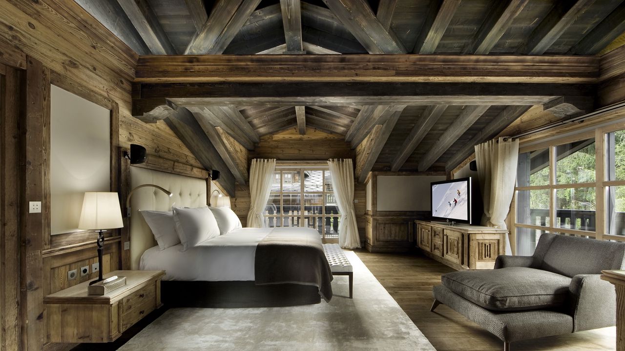 Wallpaper interior, bed, pillows, carpet, wooden design, room, bedroom