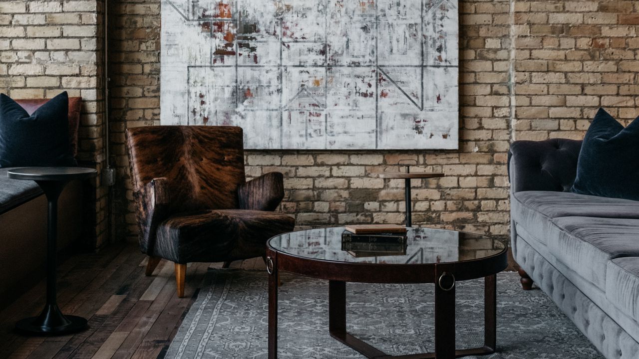 Wallpaper interior, design, chair, table, exposed brick, paintings