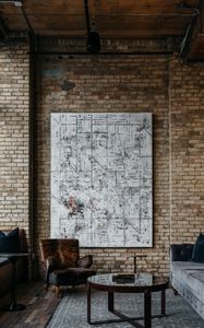 Preview wallpaper interior, design, chair, table, exposed brick, paintings