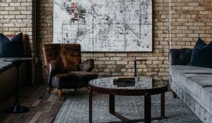 Preview wallpaper interior, design, chair, table, exposed brick, paintings