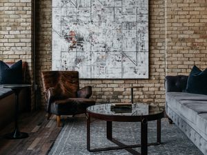 Preview wallpaper interior, design, chair, table, exposed brick, paintings