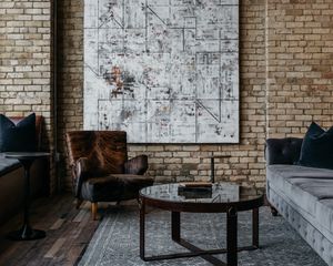 Preview wallpaper interior, design, chair, table, exposed brick, paintings