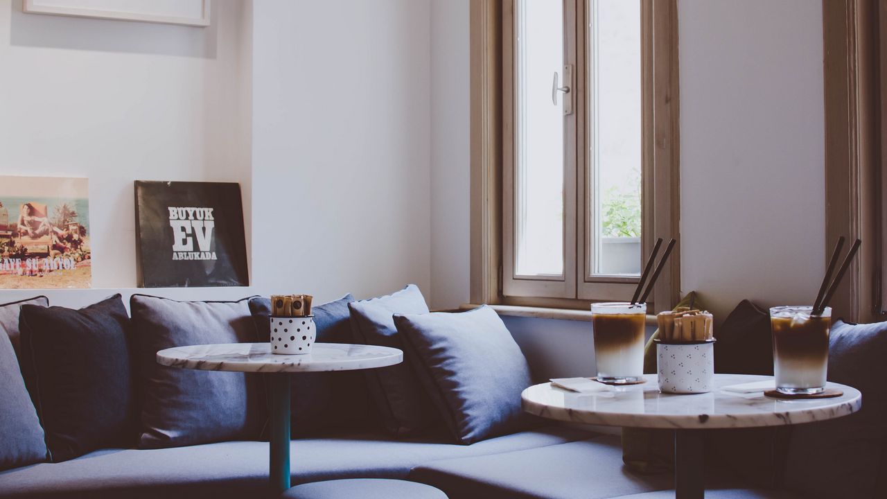 Wallpaper interior, design, sofa, coffee, tables