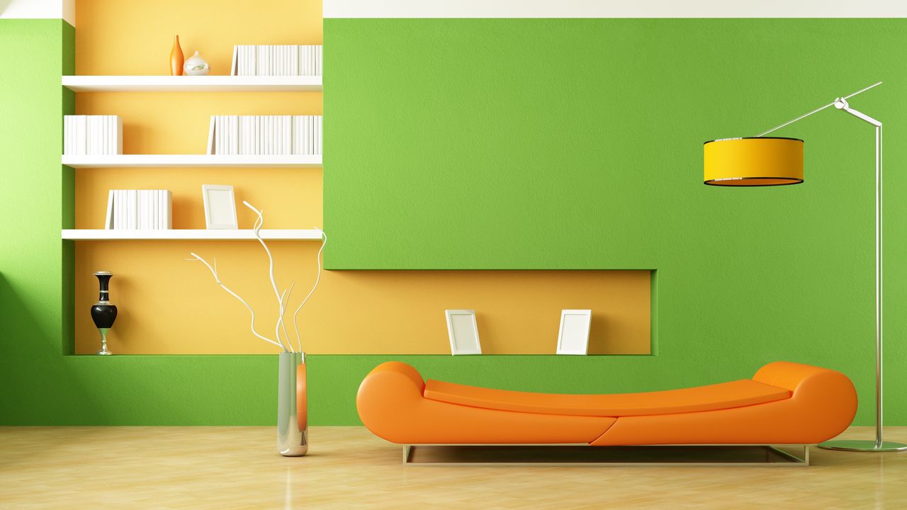 Wallpaper interior, design, style, minimalism, room, sofa, orange, lamp, vase