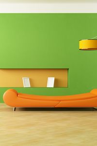 Preview wallpaper interior, design, style, minimalism, room, sofa, orange, lamp, vase