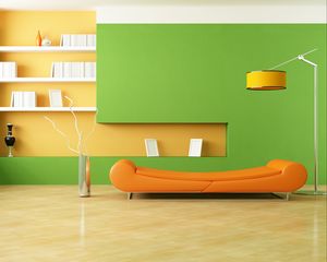 Preview wallpaper interior, design, style, minimalism, room, sofa, orange, lamp, vase