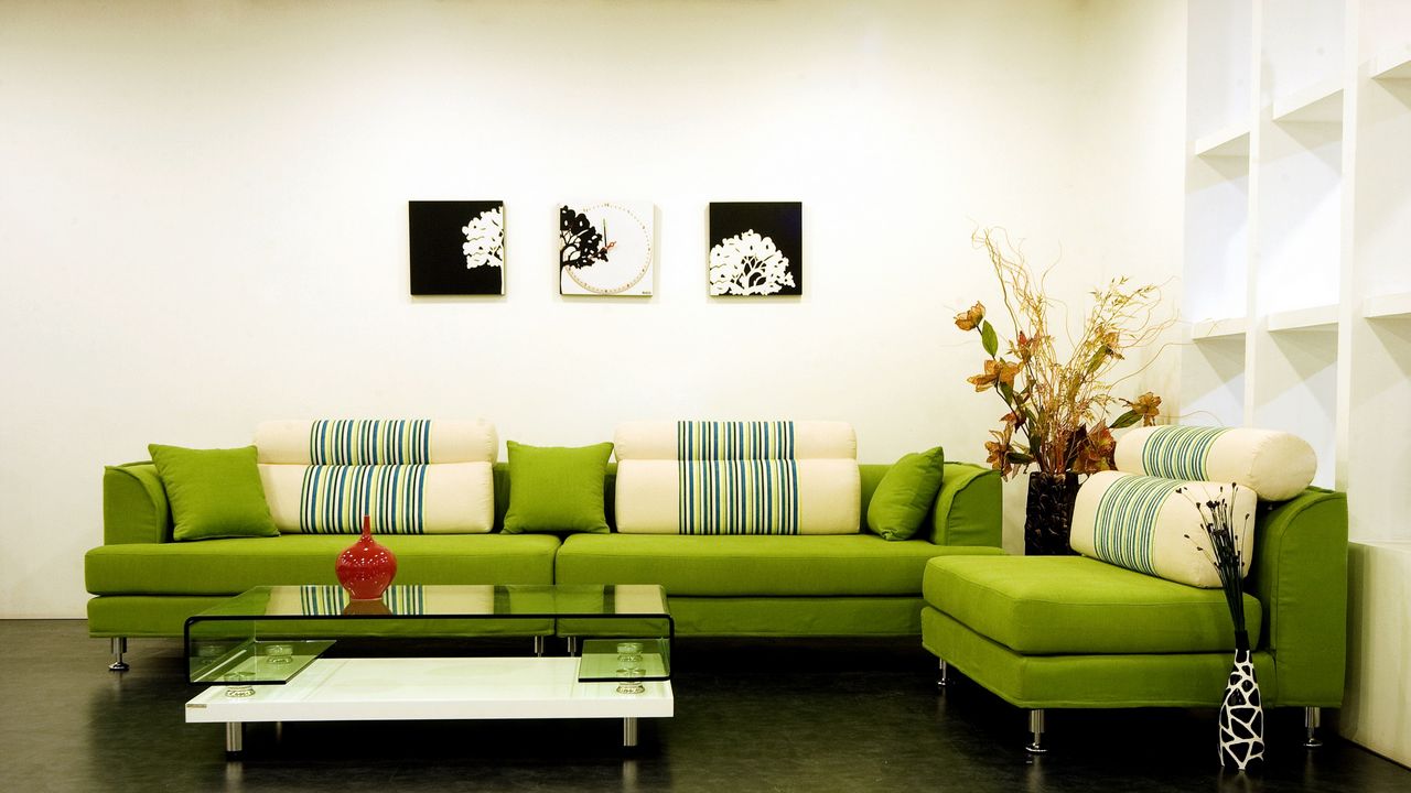 Wallpaper interior, design, style, sofa, green, pillows, vases, table, painting, house, lounge