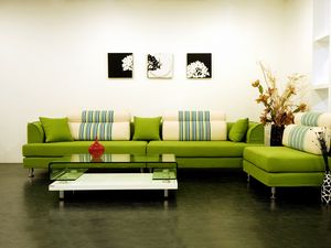 Preview wallpaper interior, design, style, sofa, green, pillows, vases, table, painting, house, lounge