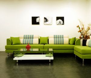 Preview wallpaper interior, design, style, sofa, green, pillows, vases, table, painting, house, lounge