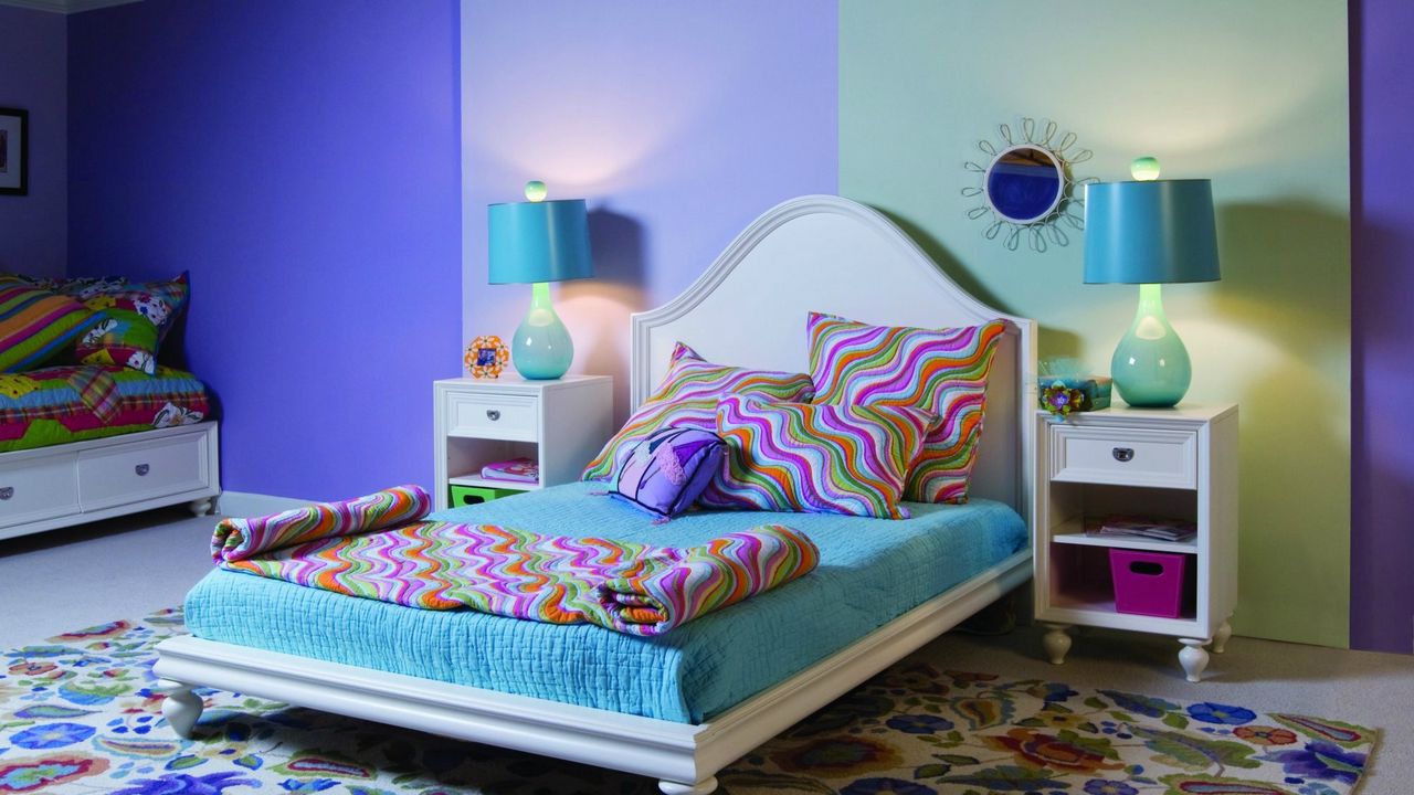 Wallpaper interior, room, apartment, bed, pillows, decorations, tables, lamp, frame, carpet, mirror, color, bright