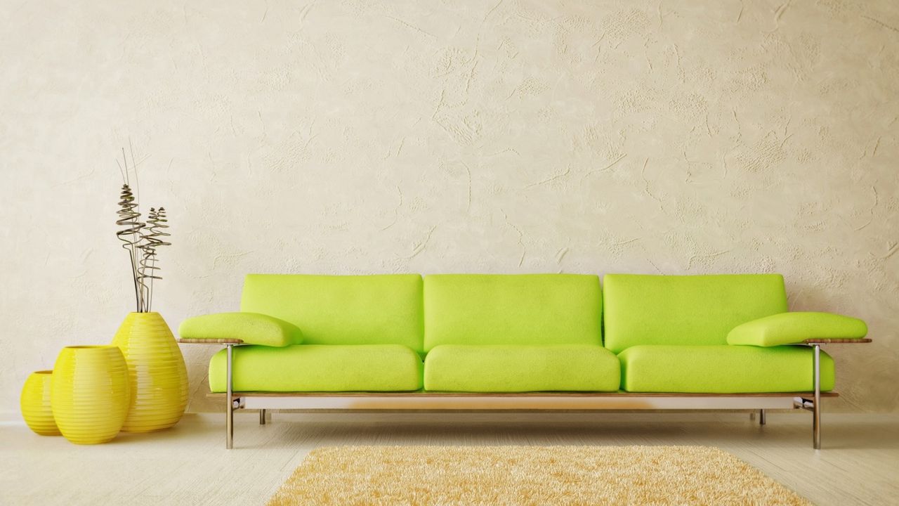 Wallpaper interior, room, style, design, light, minimalist sofa, green, vase, yellow, carpet, parquet