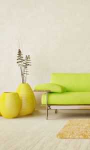 Preview wallpaper interior, room, style, design, light, minimalist sofa, green, vase, yellow, carpet, parquet