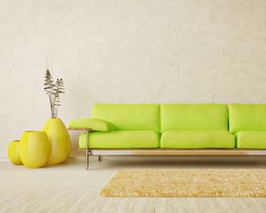 Preview wallpaper interior, room, style, design, light, minimalist sofa, green, vase, yellow, carpet, parquet