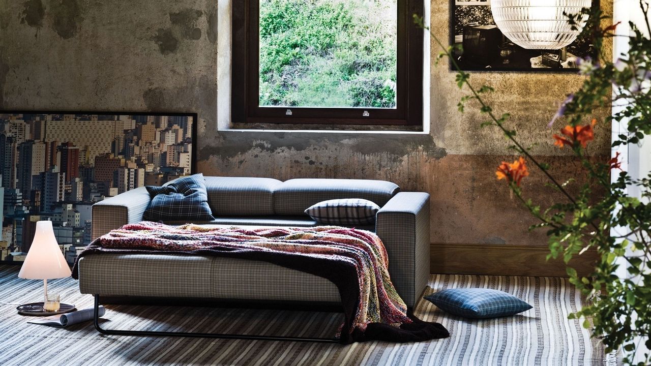 Wallpaper interior, sofa, blanket, rug, lamp, design
