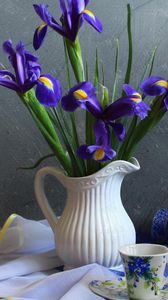 Preview wallpaper irises, flowers, jar, tea pair, tablecloth