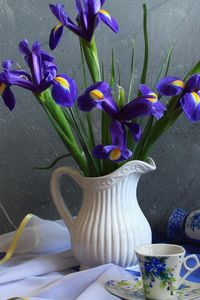 Preview wallpaper irises, flowers, jar, tea pair, tablecloth