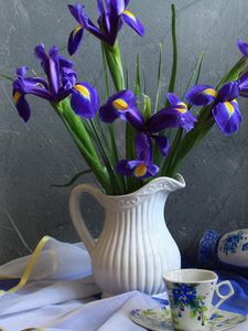Preview wallpaper irises, flowers, jar, tea pair, tablecloth