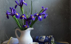 Preview wallpaper irises, flowers, jar, tea pair, tablecloth