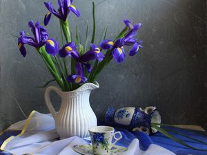 Preview wallpaper irises, flowers, jar, tea pair, tablecloth