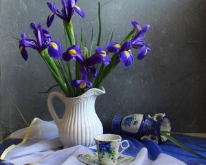 Preview wallpaper irises, flowers, jar, tea pair, tablecloth