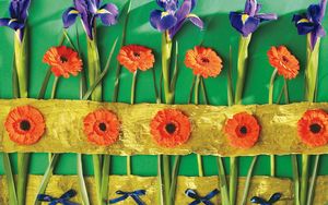 Preview wallpaper irises, gerbera, flower, wall, decoration, bows