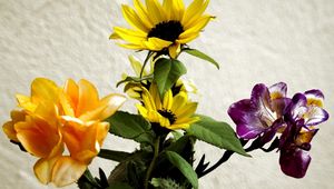 Preview wallpaper irises, sunflowers, flowers, bouquet