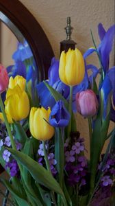 Preview wallpaper irises, tulips, mattoila, flowers, bouquet, mirror, reflection