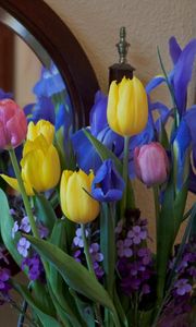 Preview wallpaper irises, tulips, mattoila, flowers, bouquet, mirror, reflection