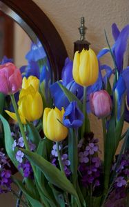 Preview wallpaper irises, tulips, mattoila, flowers, bouquet, mirror, reflection