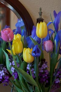 Preview wallpaper irises, tulips, mattoila, flowers, bouquet, mirror, reflection