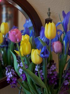 Preview wallpaper irises, tulips, mattoila, flowers, bouquet, mirror, reflection