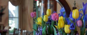 Preview wallpaper irises, tulips, mattoila, flowers, bouquet, mirror, reflection