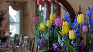 Preview wallpaper irises, tulips, mattoila, flowers, bouquet, mirror, reflection
