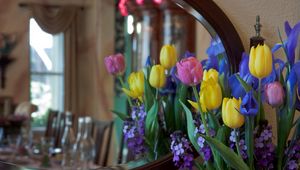 Preview wallpaper irises, tulips, mattoila, flowers, bouquet, mirror, reflection