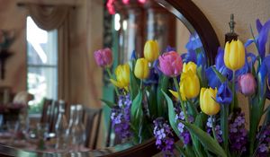 Preview wallpaper irises, tulips, mattoila, flowers, bouquet, mirror, reflection